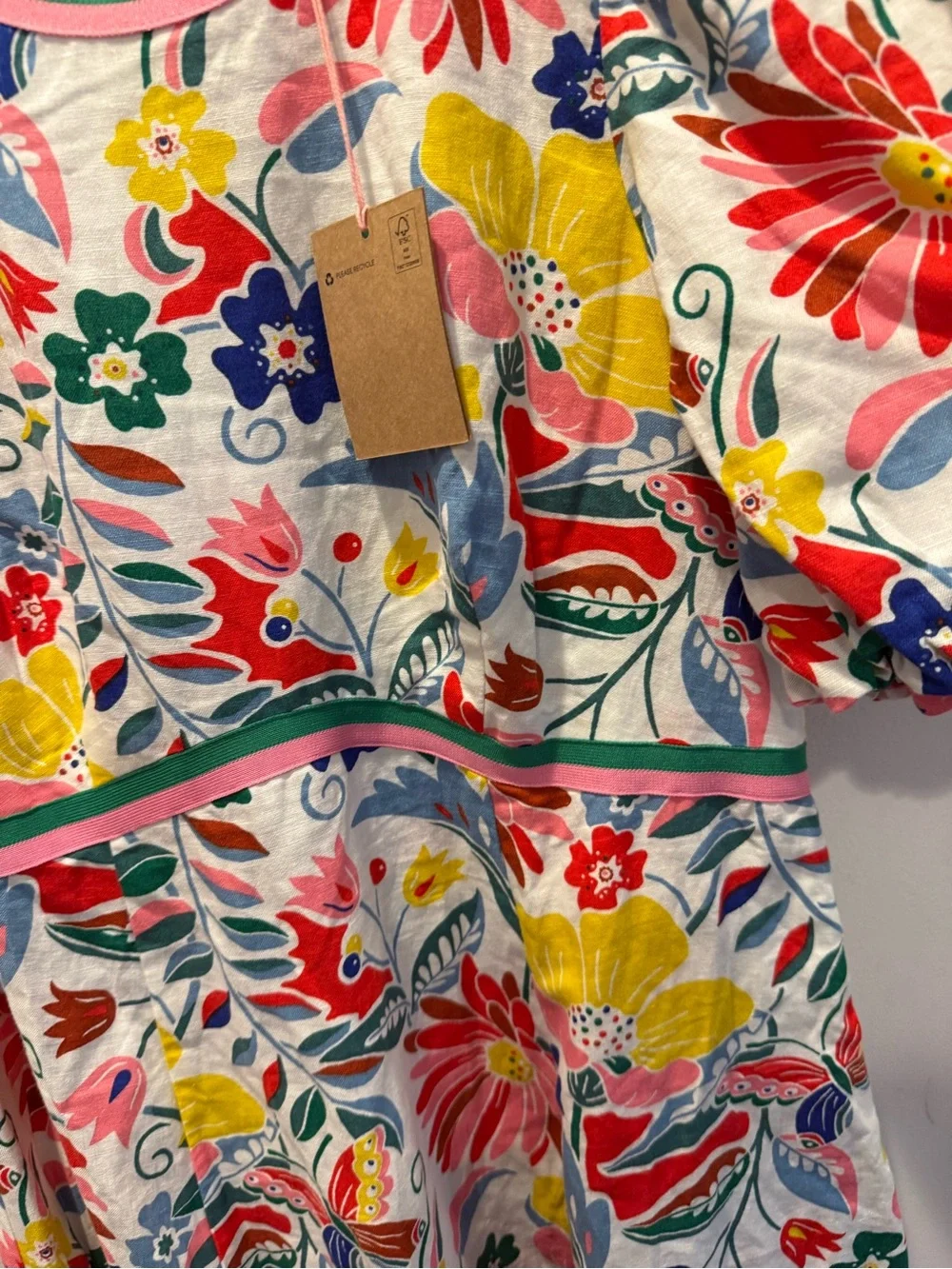 Boden Floral Puff-Sleeve Midi Dress in White, Pink, Yellow & Blue - Picture 3 of 4